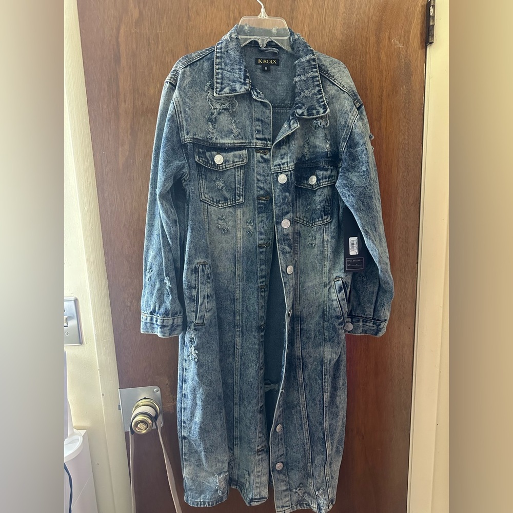 KanCan Distressed Blue Denim Longline Jacket